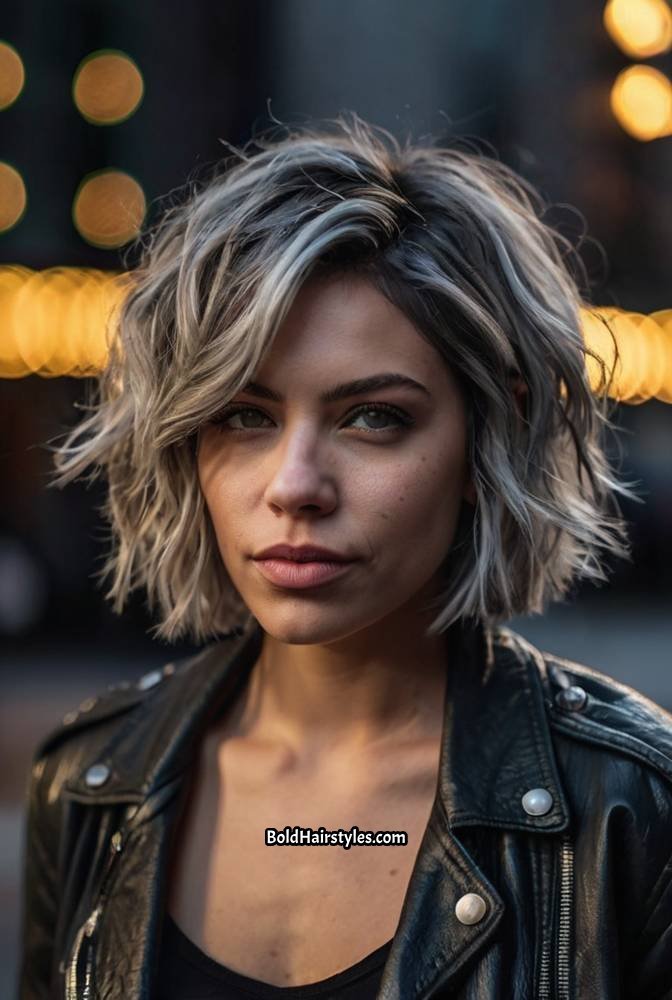 22. Edgy Choppy Grey Bob with Undone Waves