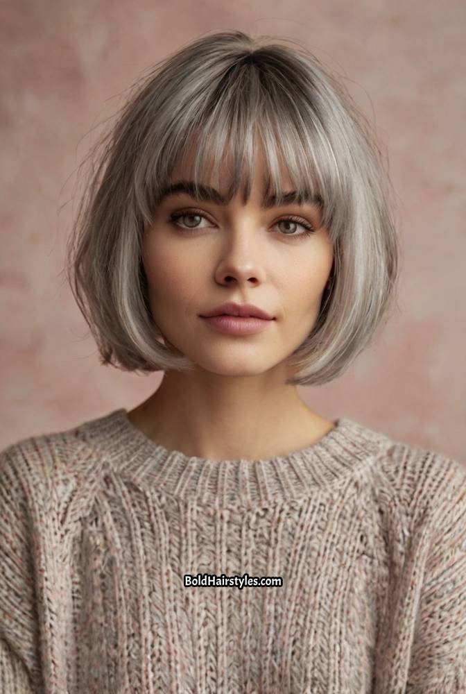 5. Layered Silver Bob with Wispy Bang