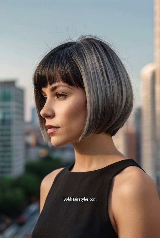6. Asymmetrical Grey Bob with Side-Swept Bang