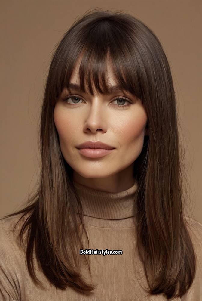 6. Long Straight Hair with Curtain Bangs