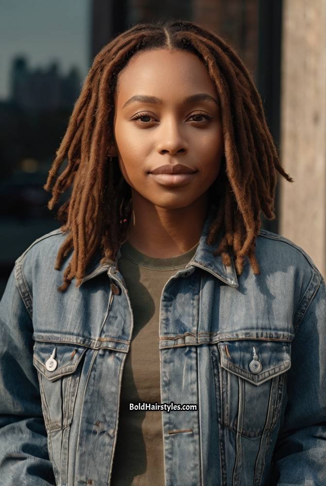 6. Shoulder-Length Locs with Side-Swept Bangs