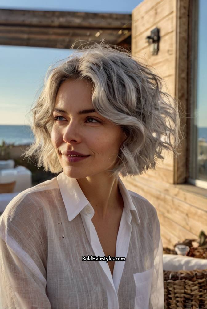 7. Tousled Silver Bob with Beach Wave