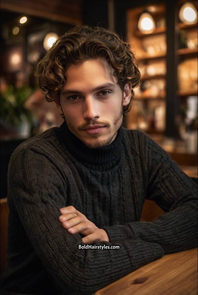 8. Side-Swept Curly Hair with Temple Fade