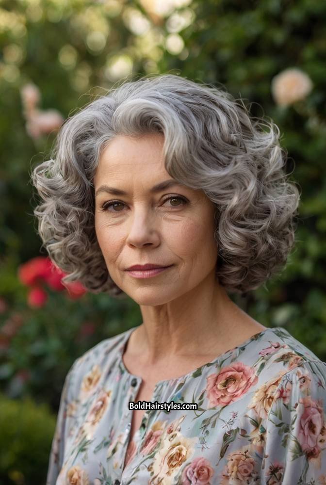 9. Curly Grey Bob with Soft Layer