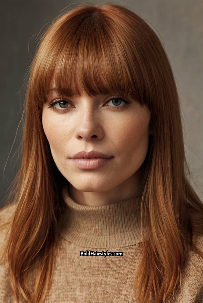 9. Long Copper Hair with Curtain Bangs