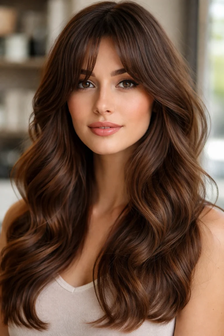 25 Long Curtain Bang Wavy Styles in Brown