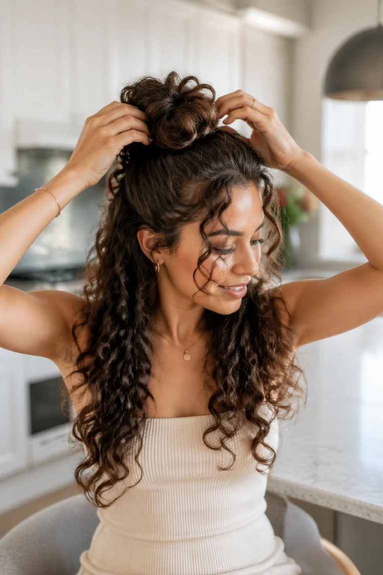 18 Messy Half Up Half Down Bun Looks for Curly Hair