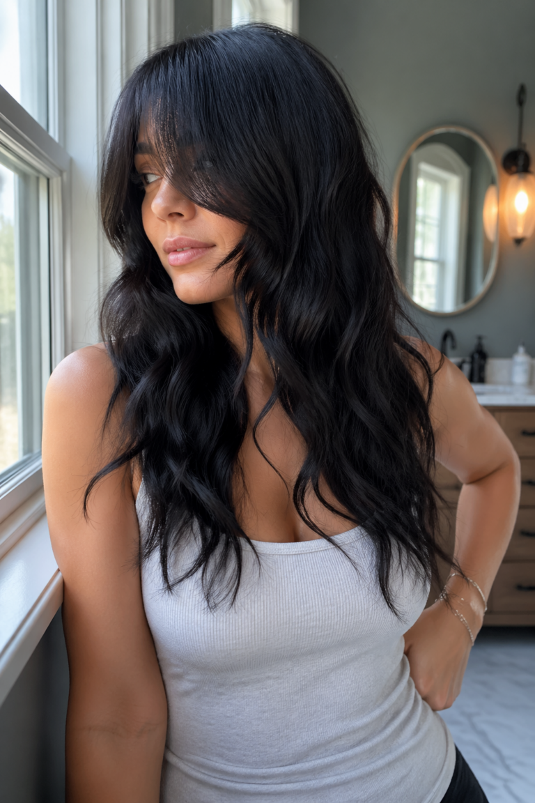 25 Long Curtain Bang Wavy Styles in Black
