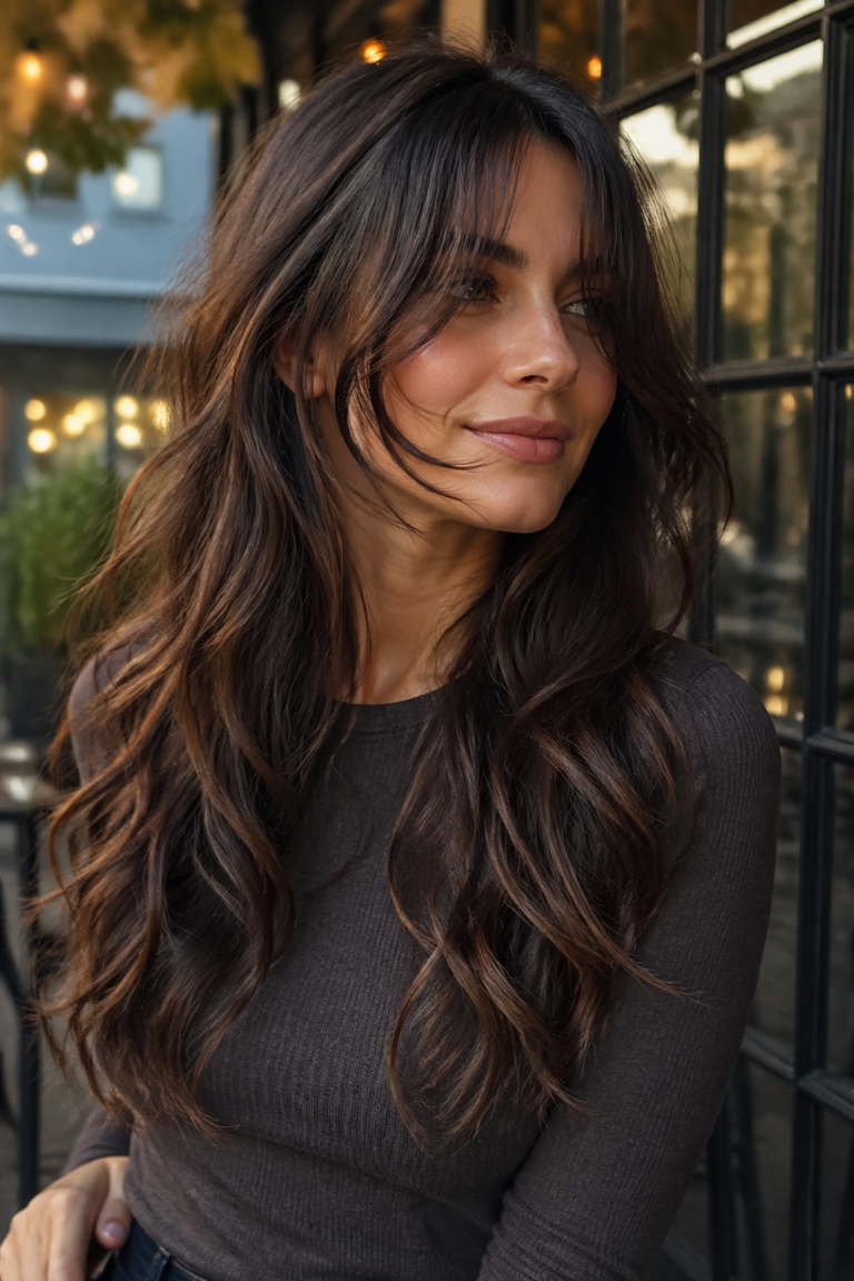 25 Long Curtain Bang Wavy Styles in Brunette